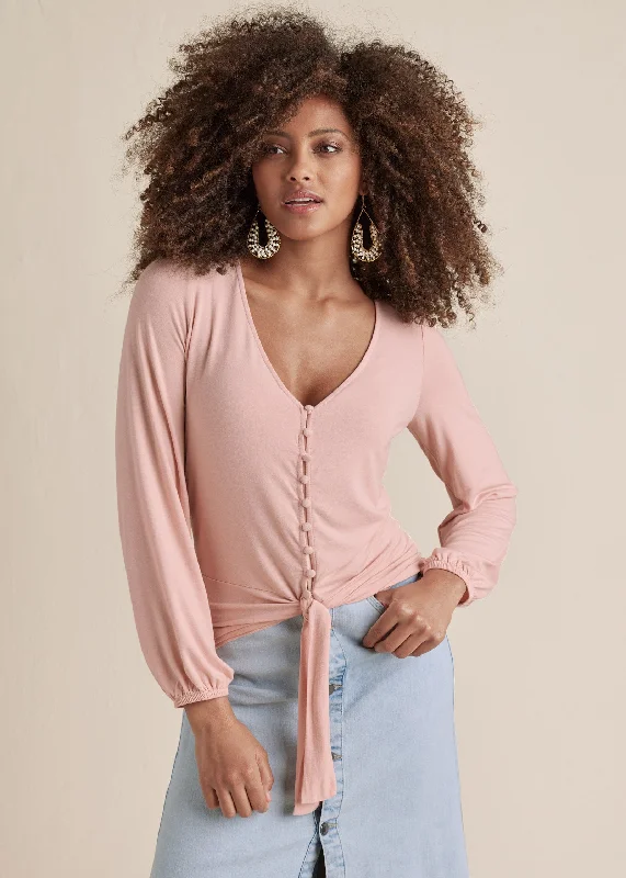 Sporty Comfort Tie-Front Button-Up Top - Peach