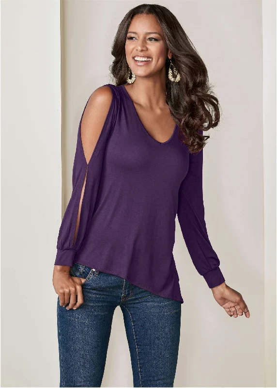 Elegant Tailoring V-Neck Cold-Shoulder Top - Dark Purple