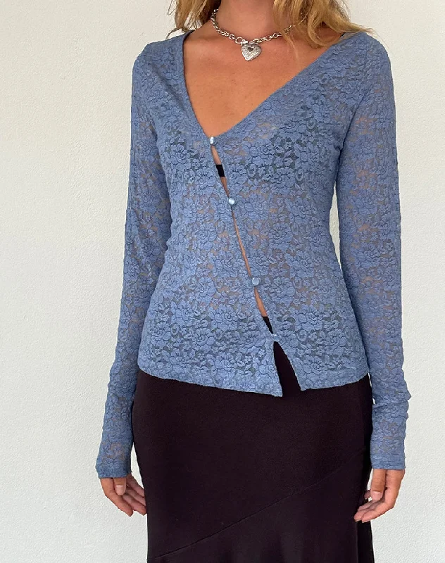Cozy Fit Wear Zatin Asymmetrical Cardigan in Moonlight Blue Lace